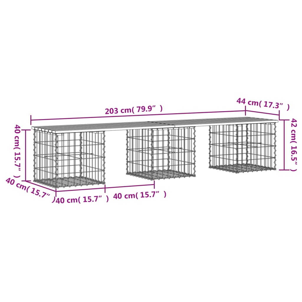 vidaXL Panca Giardino Design Gabbione 203x44x42 cm Legno Massello Pino