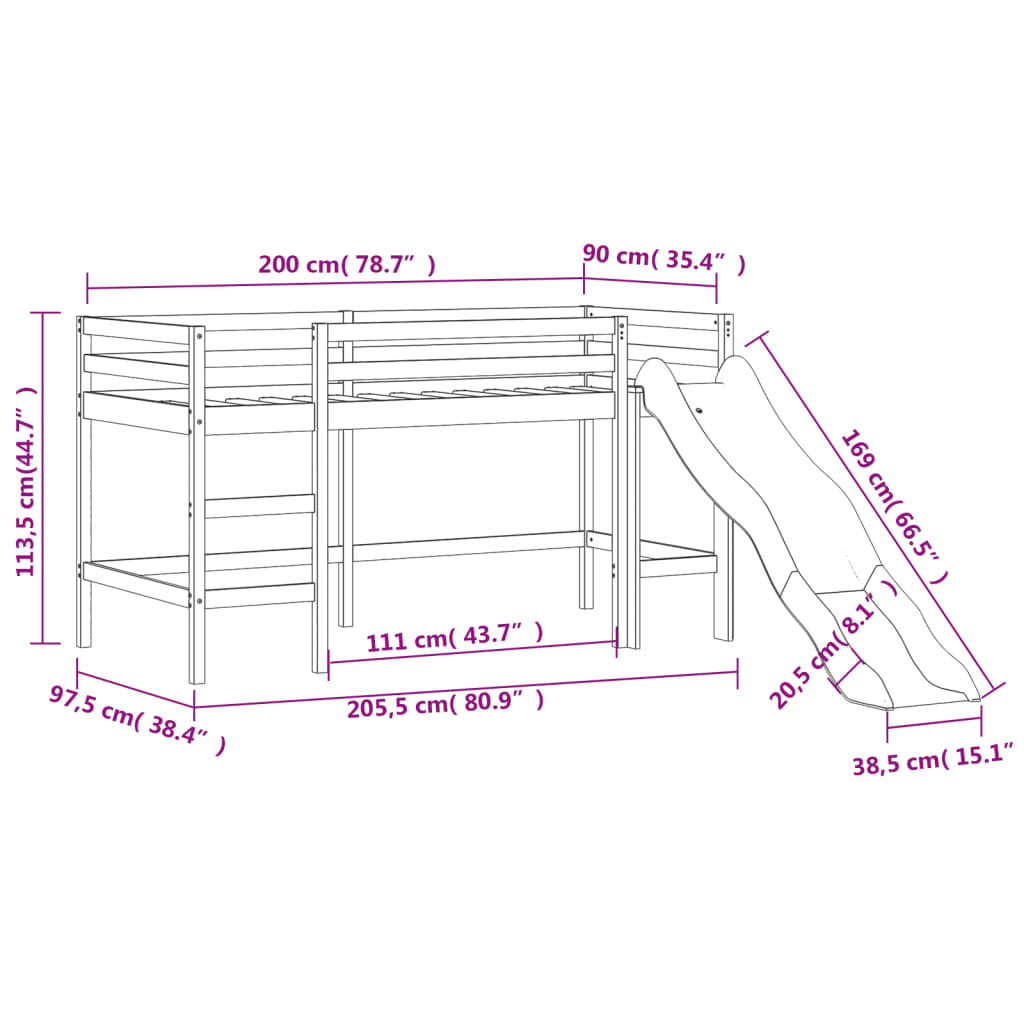 vidaXL Letto a Soppalco con Torre Bambini Blu 90x200cm Massello Pino