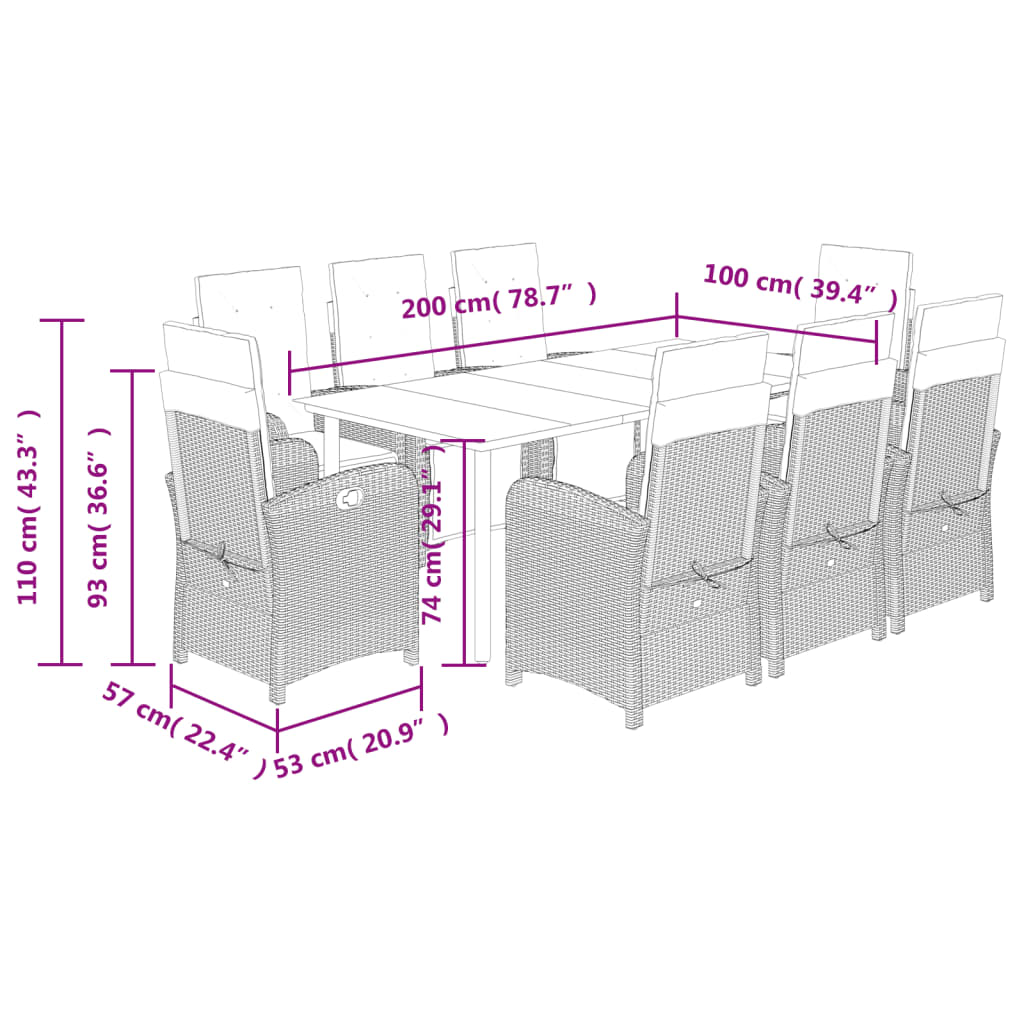 vidaXL Set da Pranzo da Giardino 9 pz con Cuscini in Polyrattan Grigio