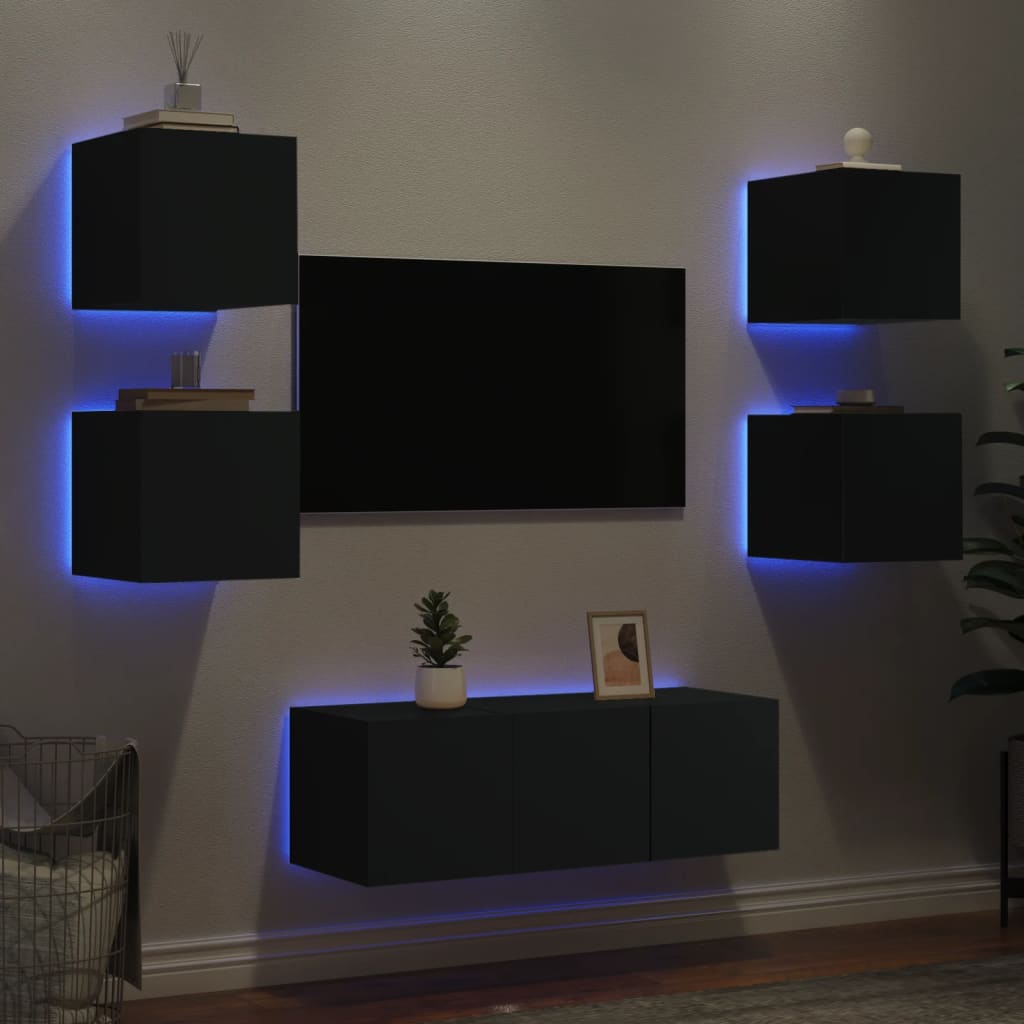 vidaXL Mobili TV a Muro con LED 6pz Neri in Legno Multistrato
