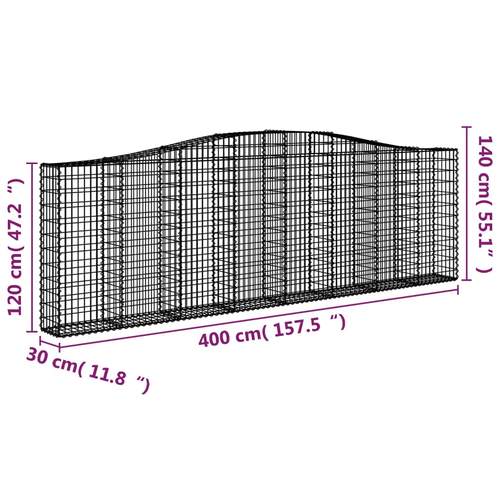 vidaXL Cesti Gabbioni ad Arco 7 pz 400x30x120/140 cm Ferro Zincato