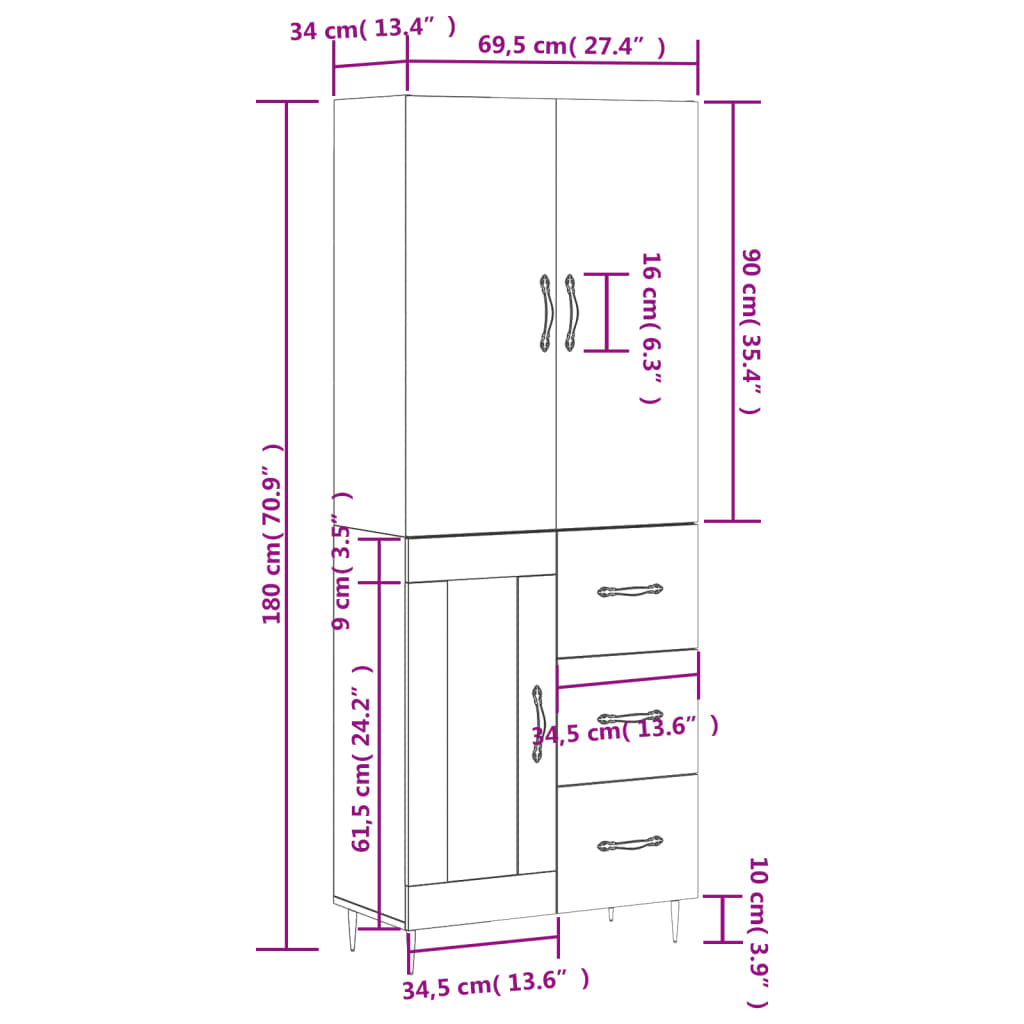 vidaXL Credenza Bianco Lucido 69,5x34x180 cm in Legno Multistrato