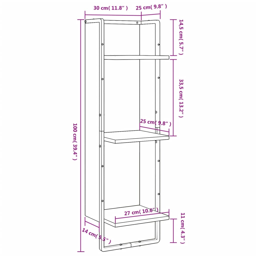 vidaXL Scaffale Parete 3 Ripiani Rovere Sonoma 30x25x100cm Multistrato