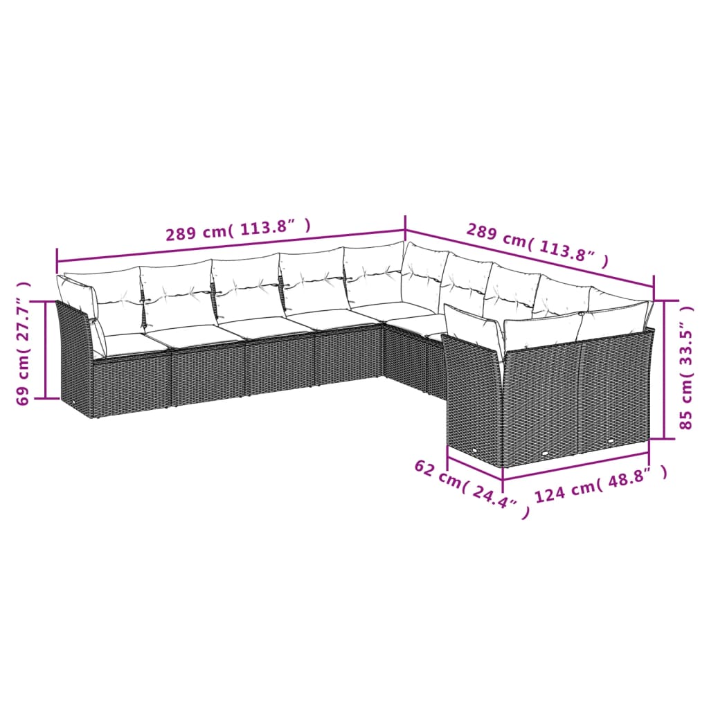 vidaXL Set Divani da Giardino 10pz con Cuscini in Polyrattan Nero