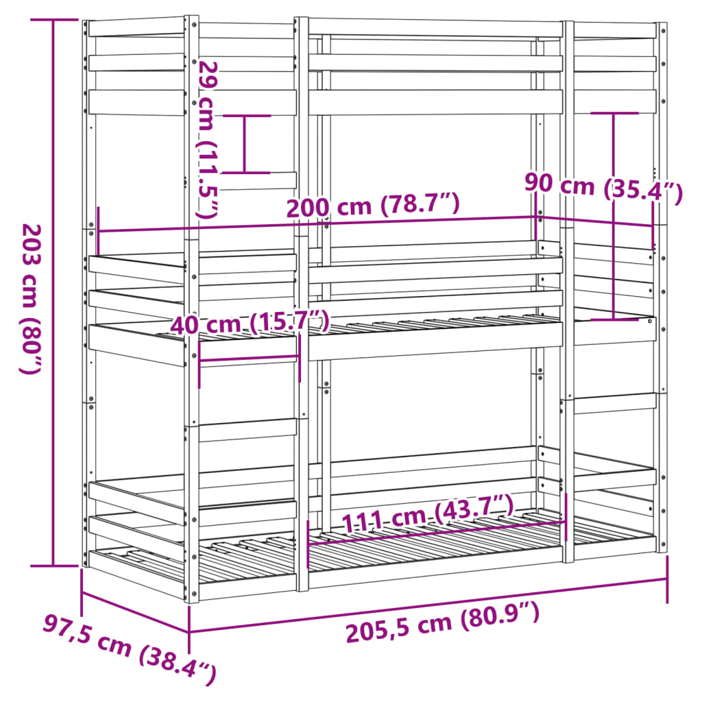 vidaXL Letto a Castello Triplo Bianco 90x200 cm Legno Massello di Pino