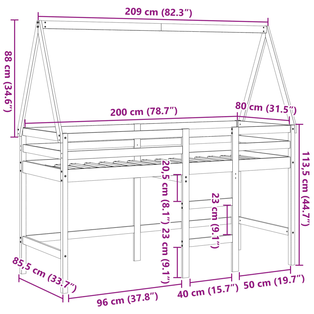 vidaXL Letto Soppalco con Scala e Tetto Bianco 80x200 cm Massello Pino