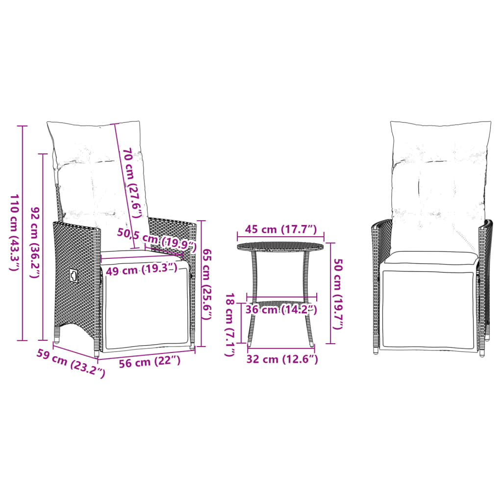 vidaXL Set da Bistrò 3 pz con Cuscini Nero in Polyrattan