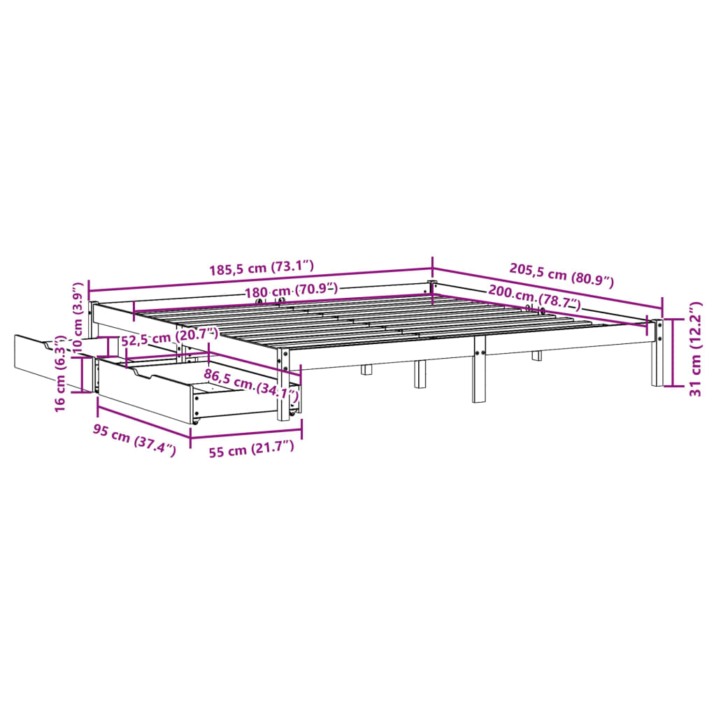 vidaXL Letto senza Materasso Bianco 180x200 cm Legno Massello di Pino