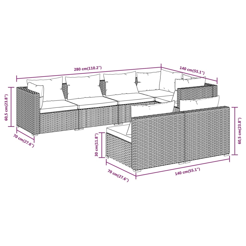 vidaXL Set Divani da Giardino 7 pz con Cuscini in Polyrattan Nero