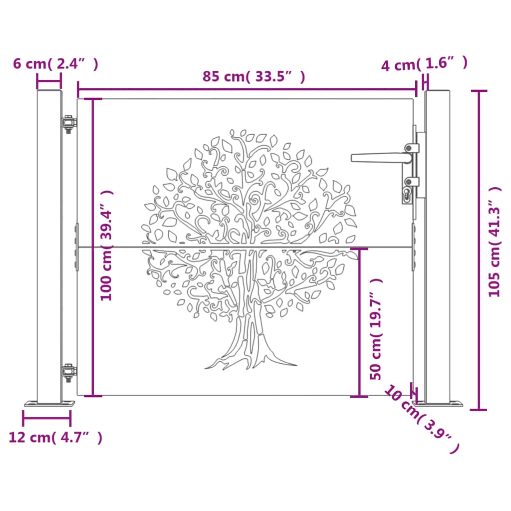 vidaXL Cancello da Giardino 105x105 cm in Acciaio Corten Design Albero