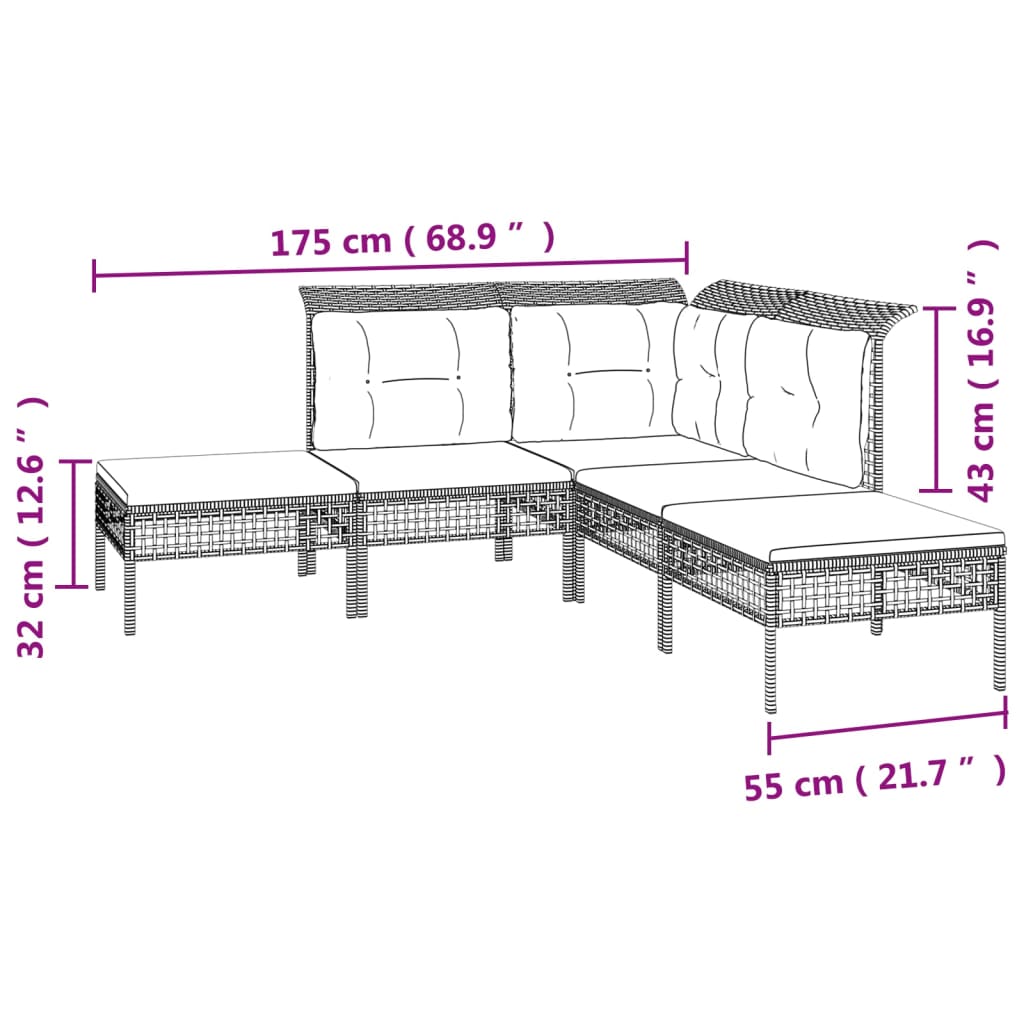 vidaXL Set Divani da Giardino 5 pz con Cuscini in Polyrattan Grigio