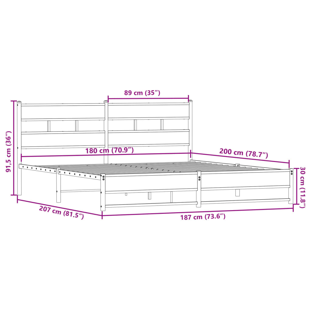 vidaXL Giroletto senza Materaso in Metallo Rovere Fumo 180x200 cm