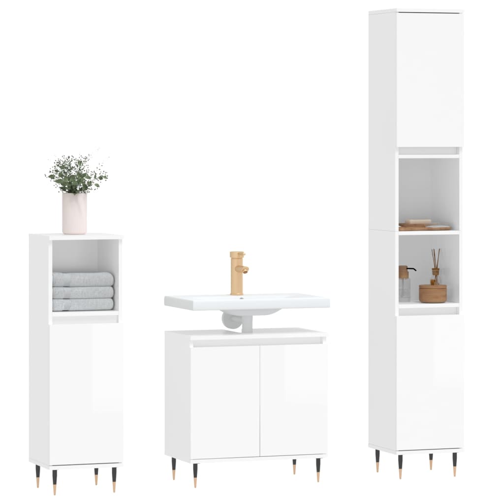 vidaXL Set Mobili da Bagno 3 pz Bianco Lucido in Legno Multistrato