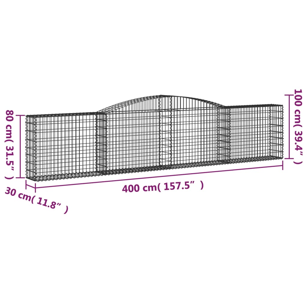 vidaXL Cesti Gabbioni ad Arco 10 pz 400x30x80/100 cm Ferro Zincato