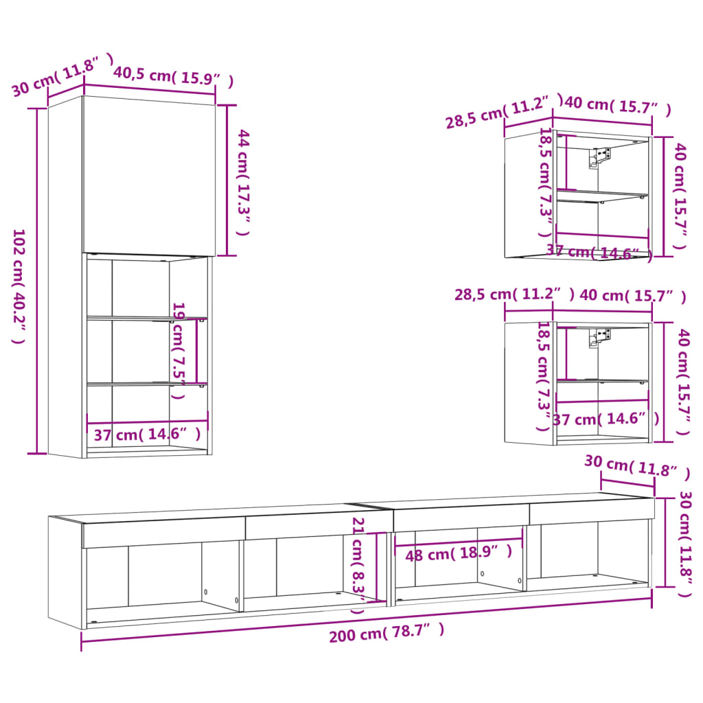 vidaXL Mobili TV a Muro con LED 5pz Neri in Legno Multistrato