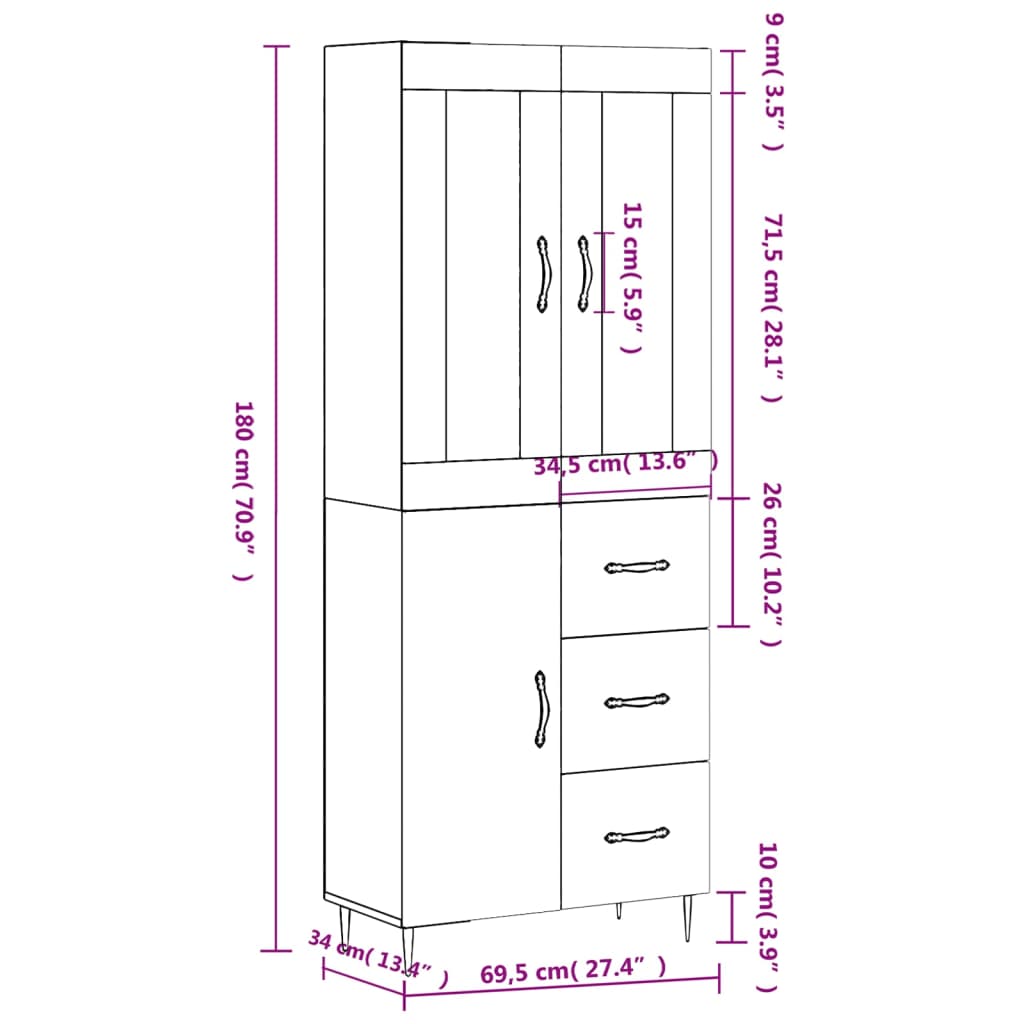 vidaXL Credenza Grigio Sonoma 69,5x34x180 cm in Legno Multistrato