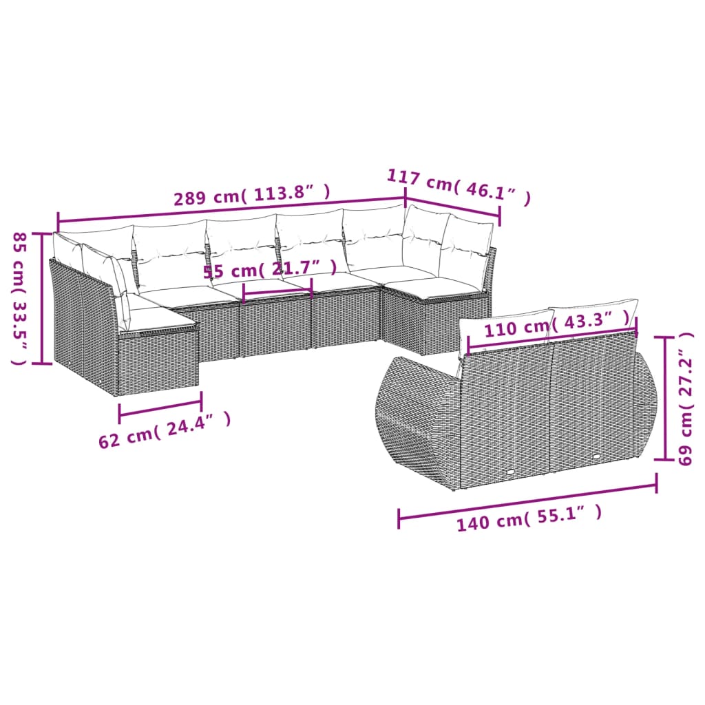 vidaXL Set Divano da Giardino 9pz con Cuscini Grigio Chiaro Polyrattan