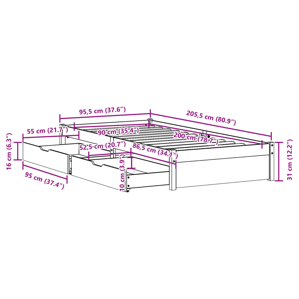 vidaXL Letto senza Materasso Bianco 90x200 cm Legno Massello di Pino