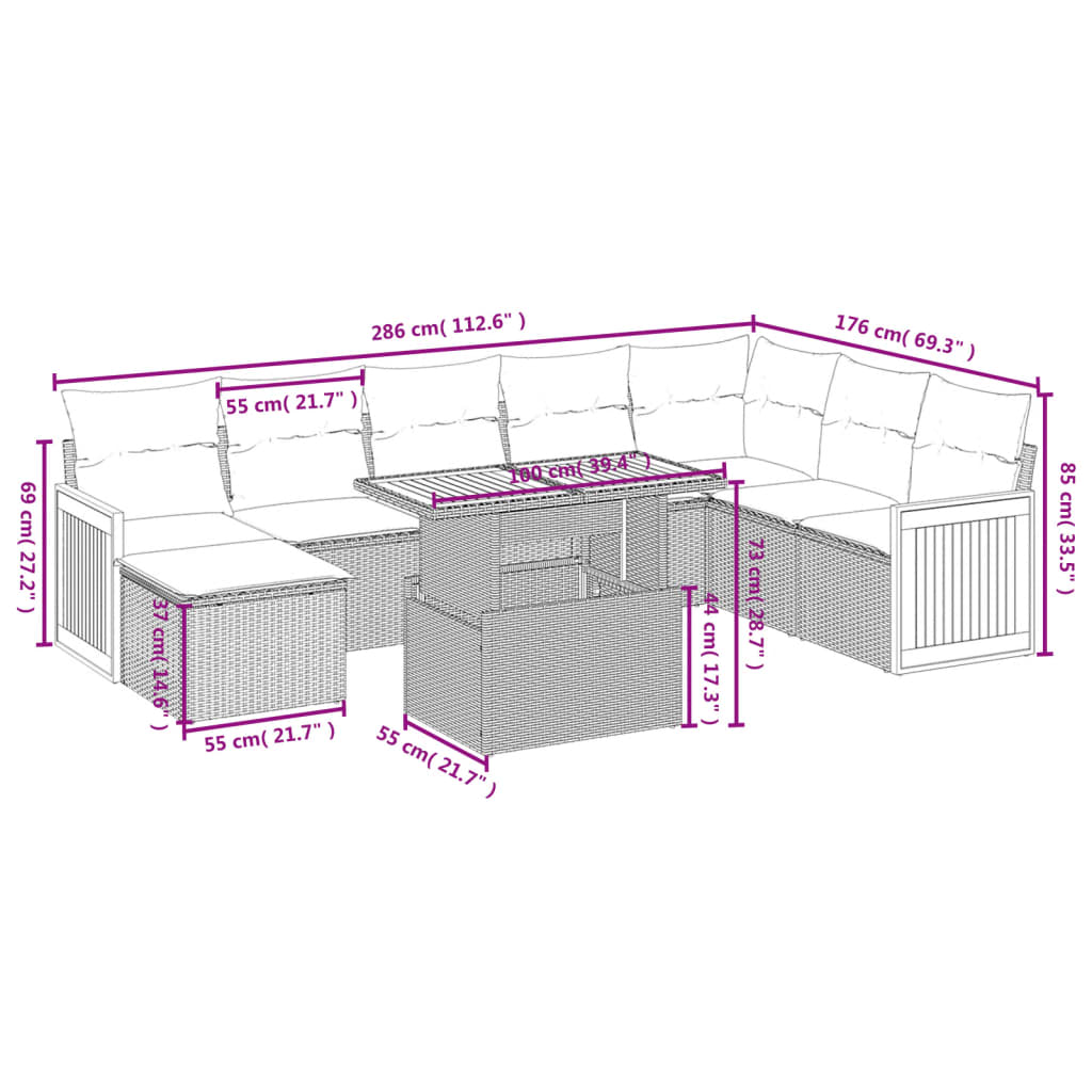 vidaXL Set Divano da Giardino 9 pz con Cuscini Grigio in Polyrattan