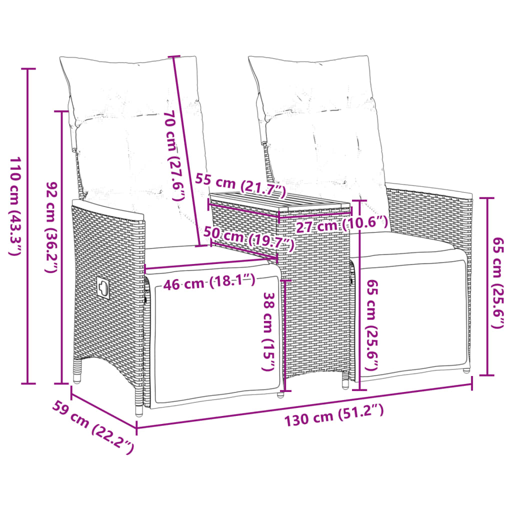 vidaXL Divano Giardino Reclinabile 2 Posti Tavolino Grigio Polyrattan