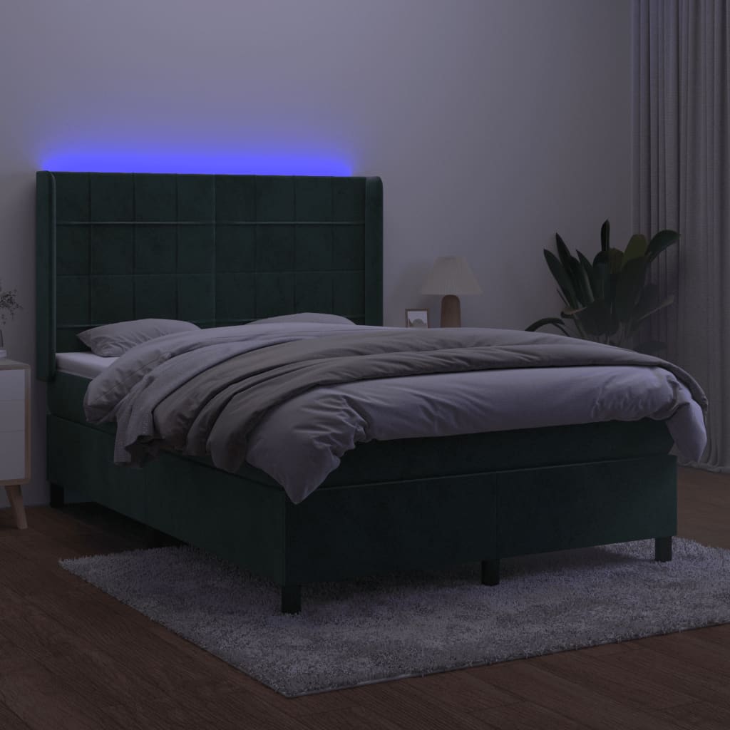 vidaXL Letto a Molle con Materasso e LED Verde Scuro 140x190cm Velluto