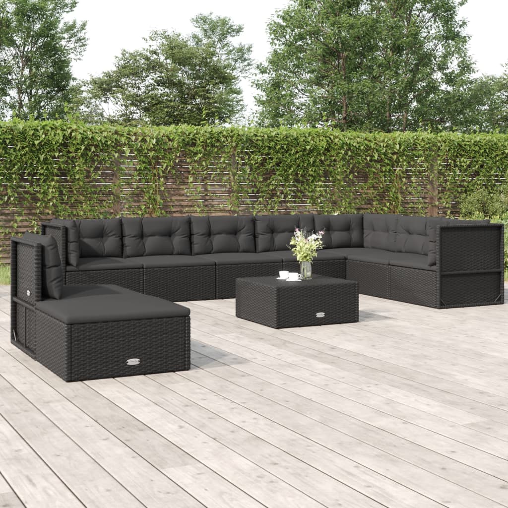 vidaXL Set Salotto da Giardino con Cuscini 9pz Nero in Polyrattan