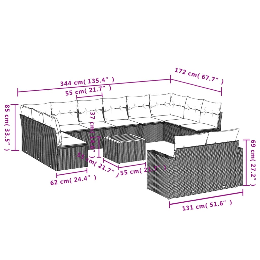 vidaXL Set Divano da Giardino 13 pz con Cuscini Beige Misto Polyrattan