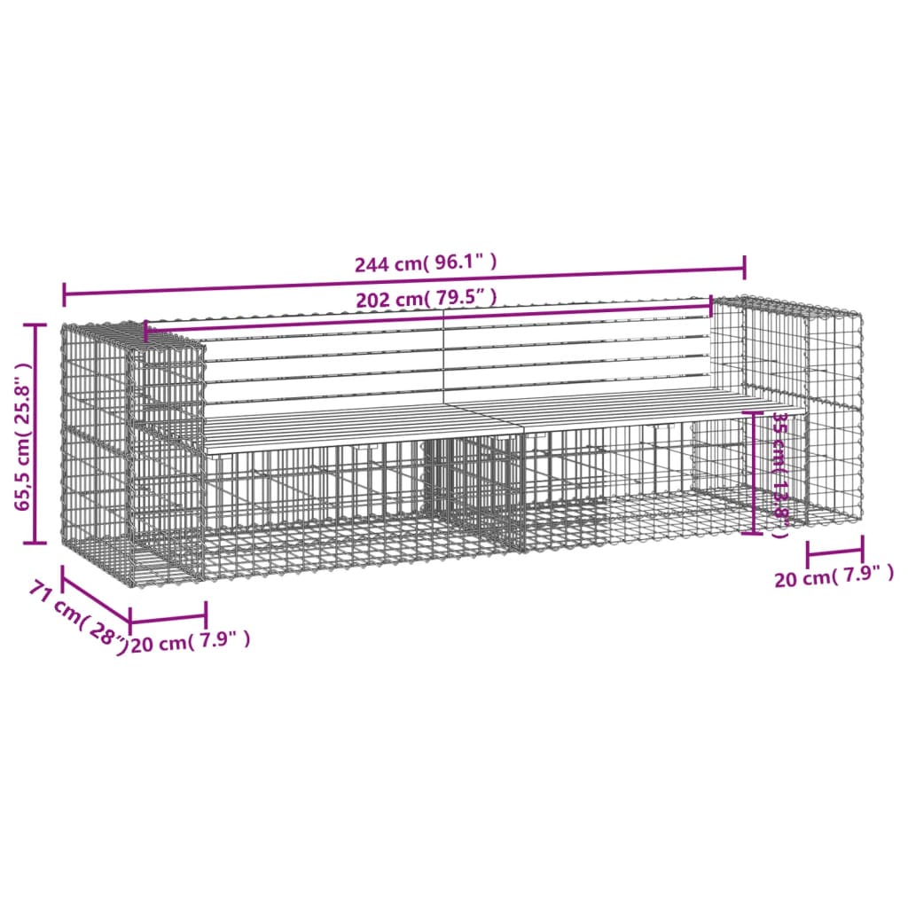 vidaXL Panca Giardino Design Gabbione 244x71x65,5 cm Massello di Pino