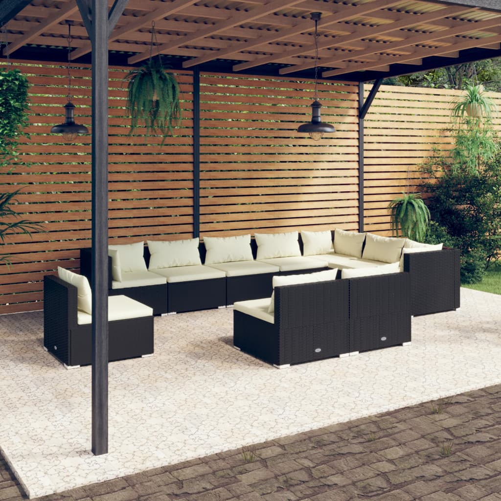 vidaXL Set Divani da Giardino 10 pz con Cuscini in Polyrattan Nero