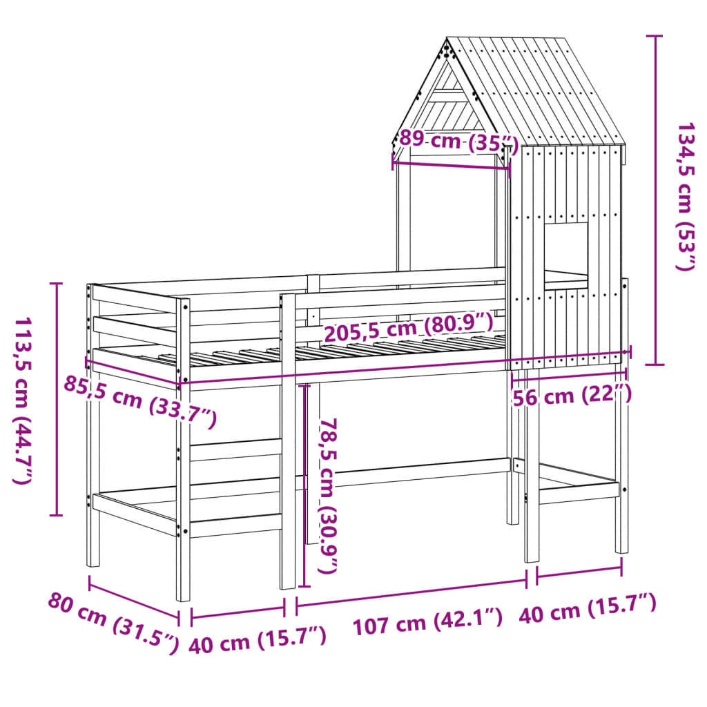 vidaXL Letto Soppalco con Scala e Tetto 80x200 cm Legno Massello Pino