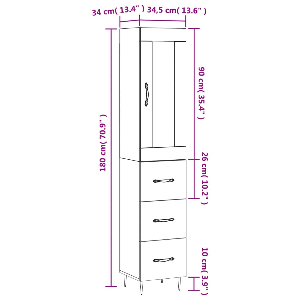 vidaXL Credenza Grigio Cemento 34,5x34x180 cm in Legno Multistrato