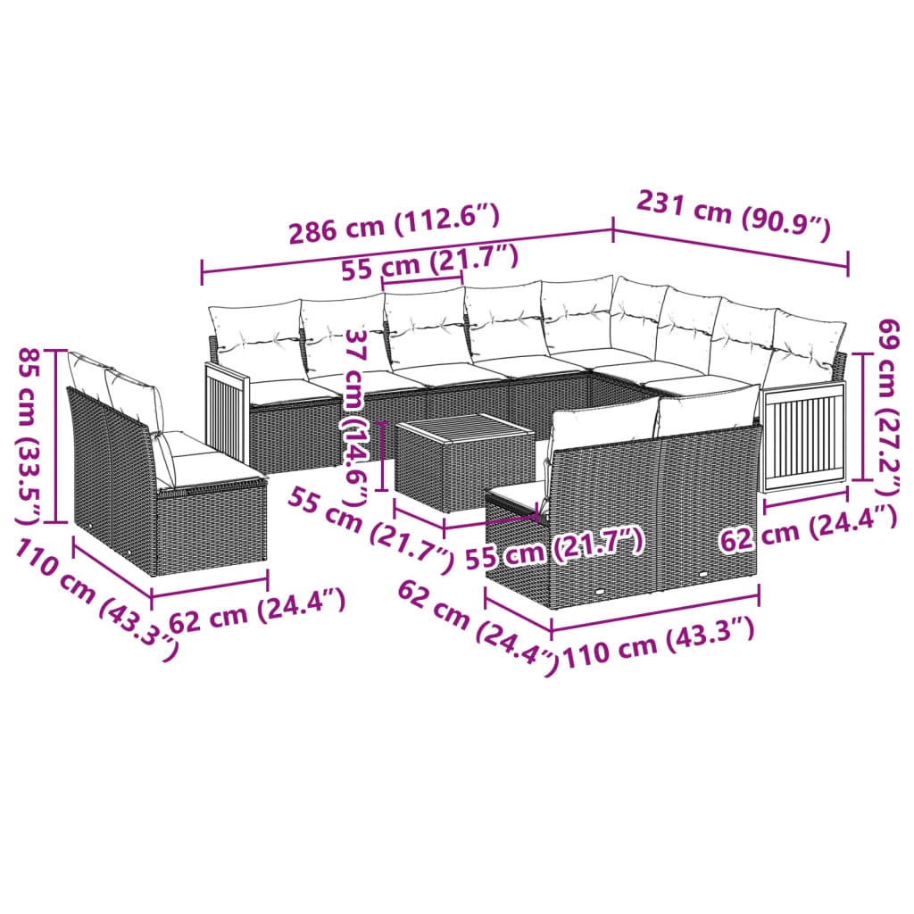 vidaXL Set Divano da Giardino 13 pz con Cuscini Beige in Polyrattan