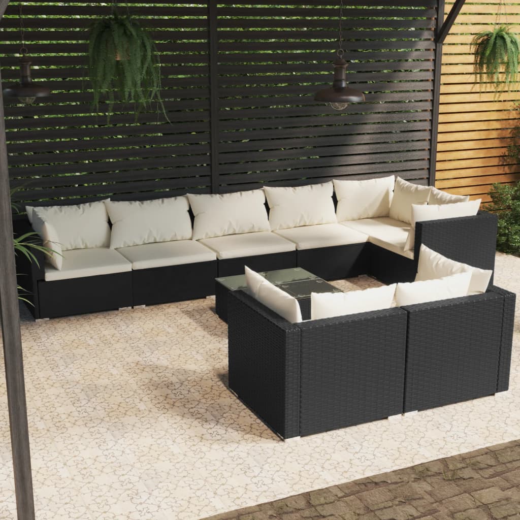 vidaXL Set Salotto da Giardino con Cuscini 9pz Nero in Polyrattan