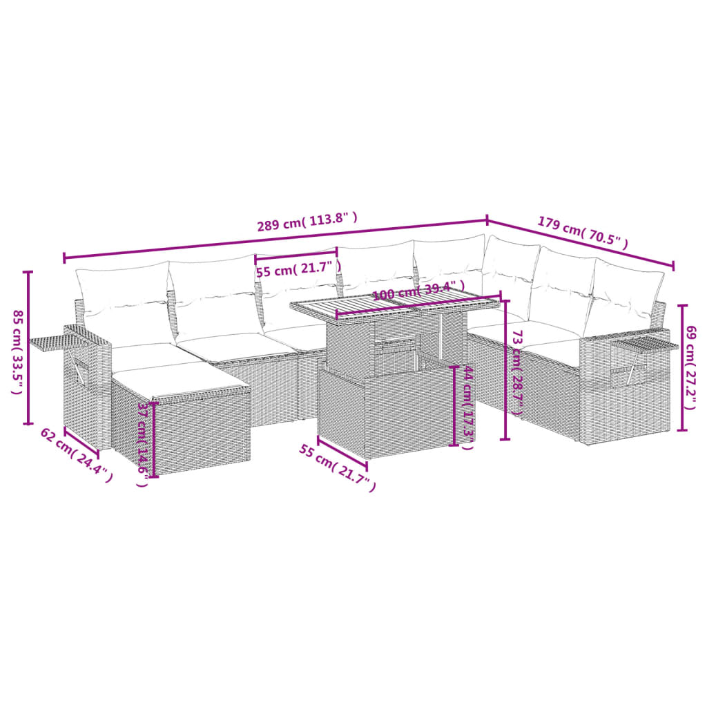 vidaXL Set Divani da Giardino 9 pz con Cuscini Nero in Polyrattan