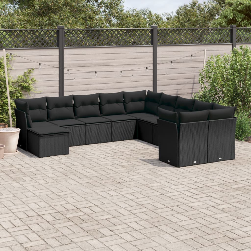 vidaXL Set Divani da Giardino 11 pz con Cuscini in Polyrattan Nero