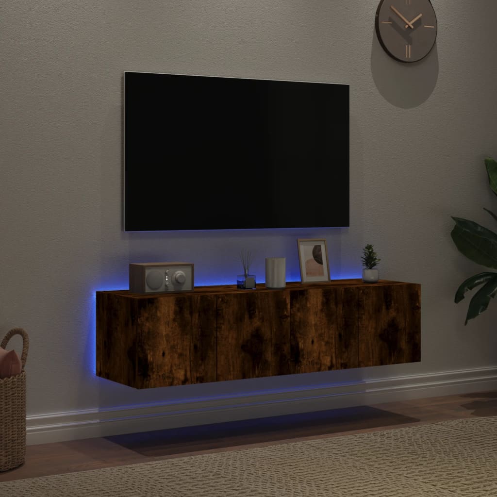 vidaXL Mobili TV a Parete con Luci LED 2pz Rovere Fumo 60x35x31 cm