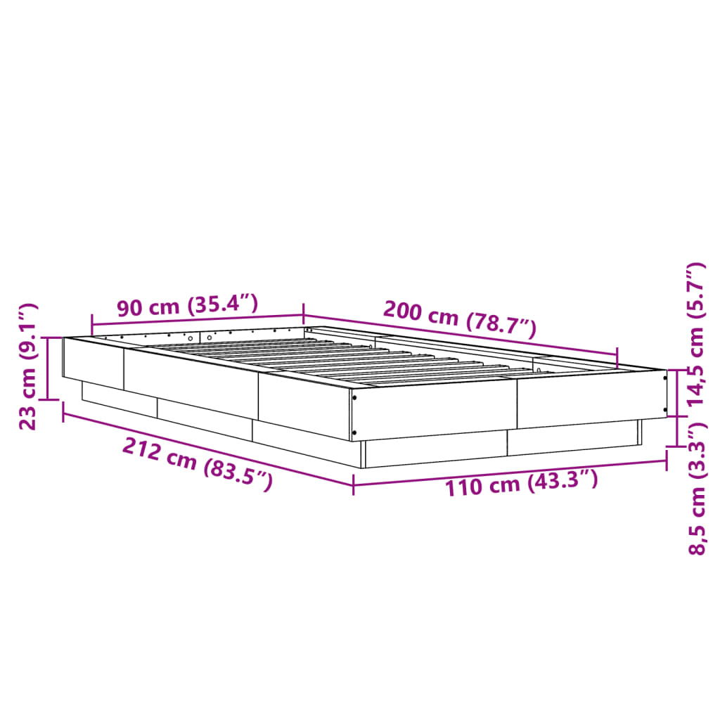 vidaXL Giroletto con Luci LED Grigio Sonoma 90x200cm Legno Multistrato