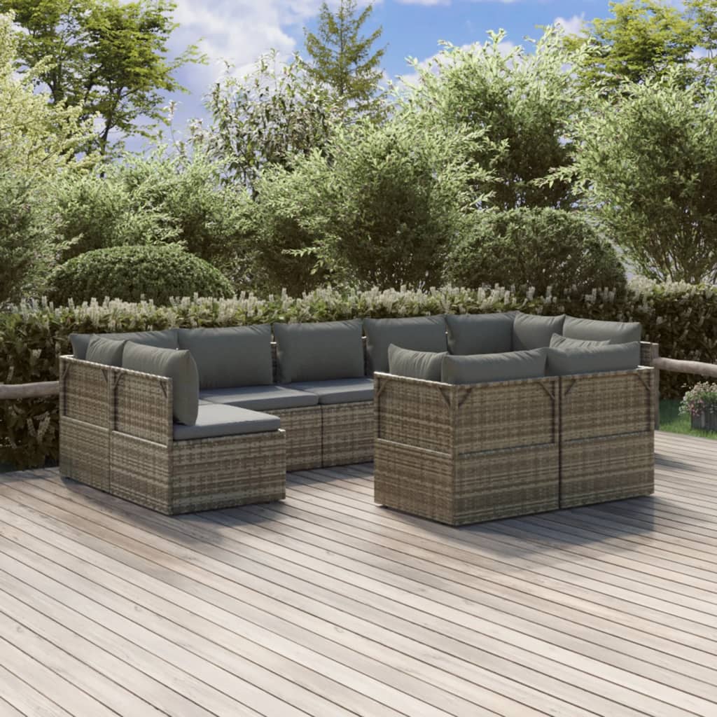 vidaXL Set Divani da Giardino 9 pz con Cuscini in Polyrattan Grigio