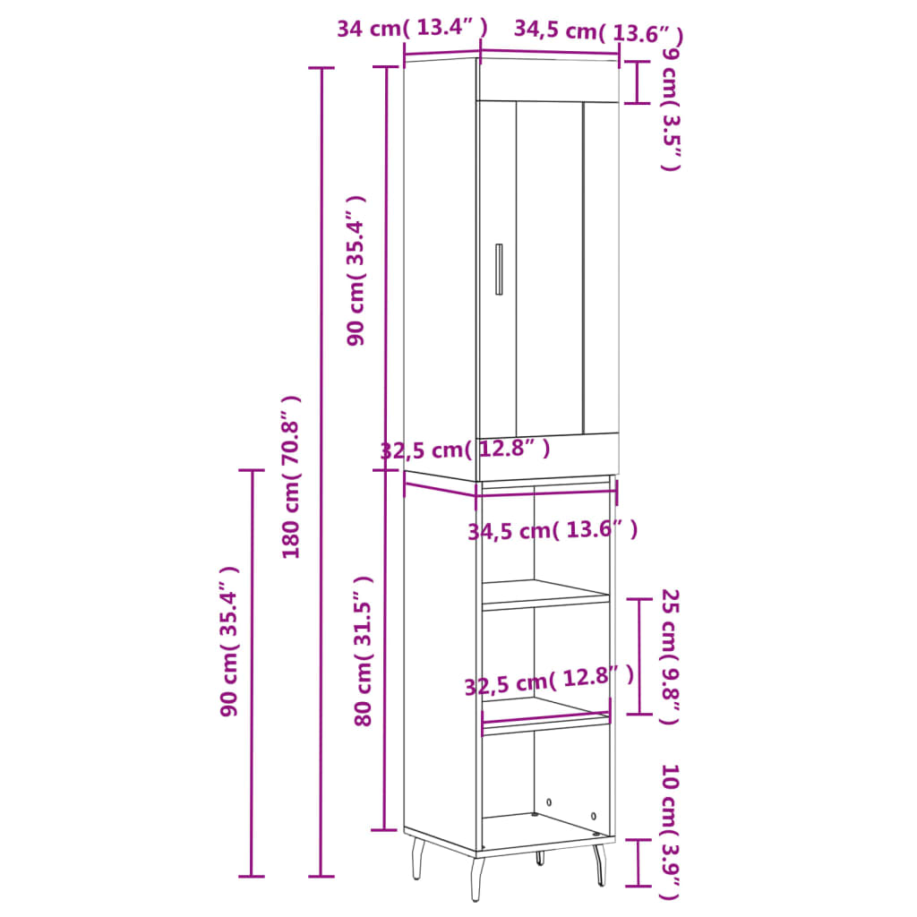 vidaXL Credenza Bianca 34,5x34x180 cm in Legno Multistrato