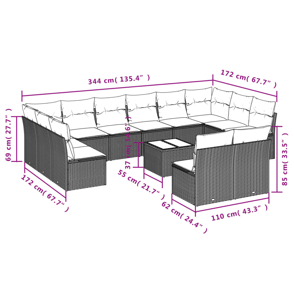 vidaXL Set Divani da Giardino 13 pz con Cuscini Grigio in Polyrattan