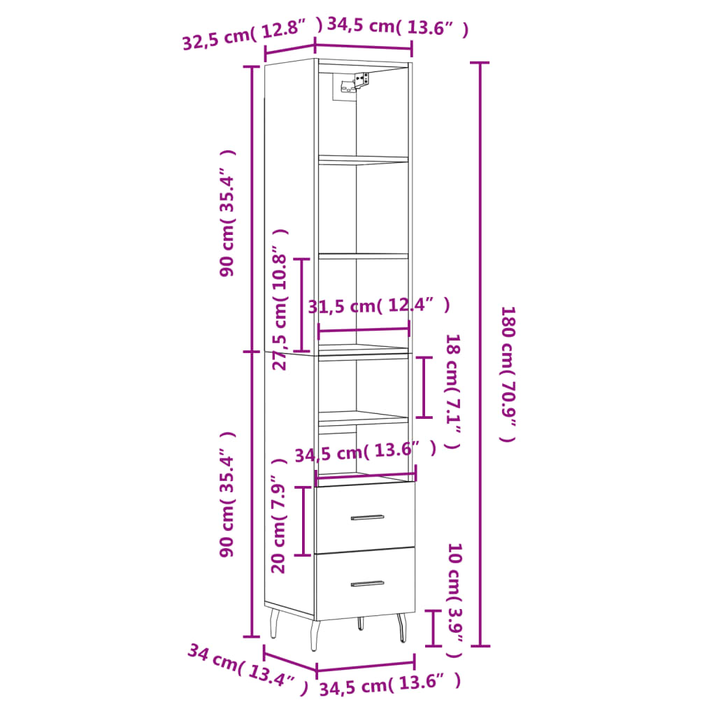 vidaXL Credenza Grigio Sonoma 34,5x34x180 cm in Legno Multistrato