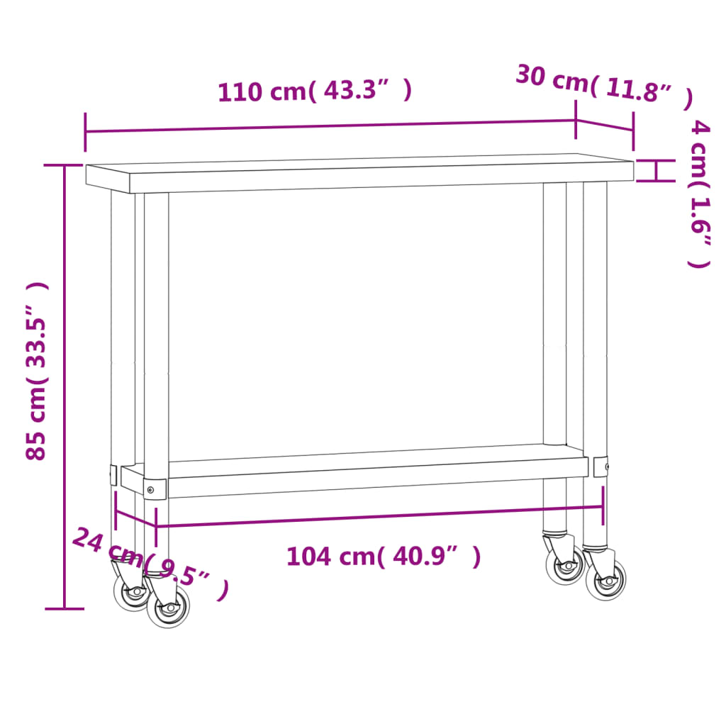 vidaXL Tavolo da Lavoro Cucina con Ruote 110x30x85 cm in Acciaio Inox