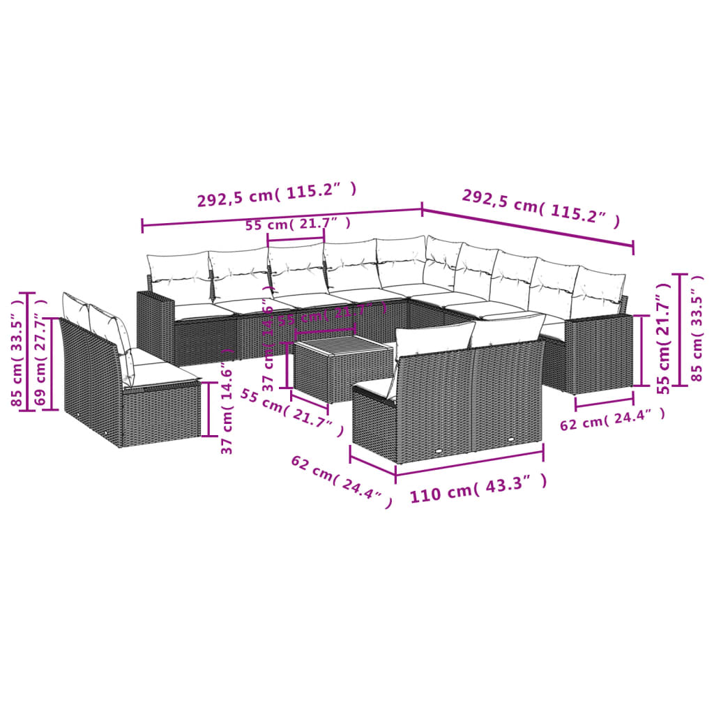 vidaXL Set Divani da Giardino 14pz con Cuscini in Polyrattan Grigio