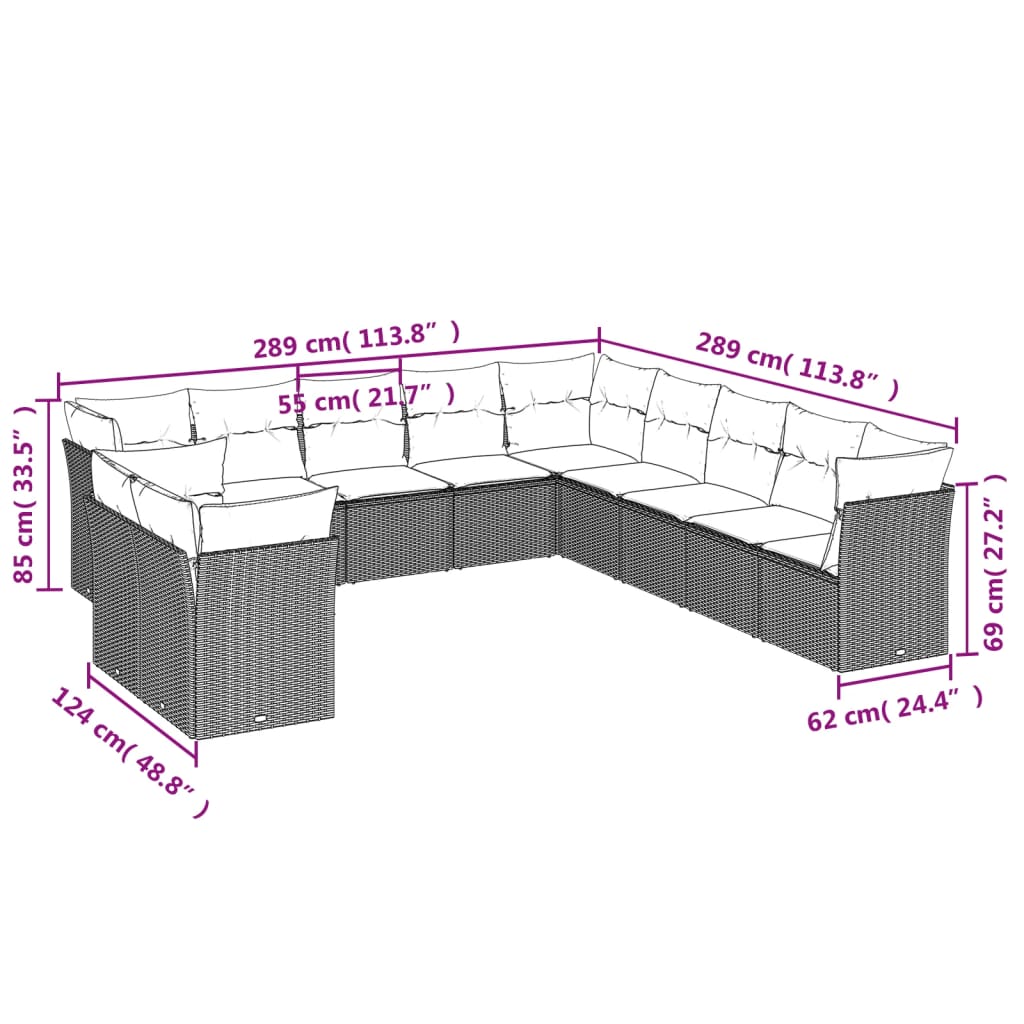 vidaXL Set Divani da Giardino 11 pz con Cuscini in Polyrattan Nero