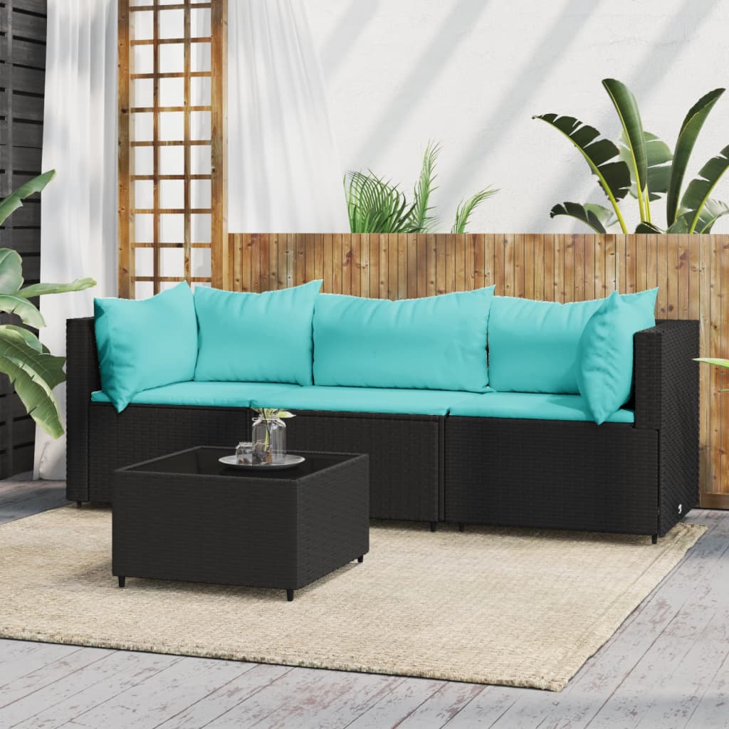 vidaXL Set Divani da Giardino 4 pz con Cuscini Nero in Polyrattan