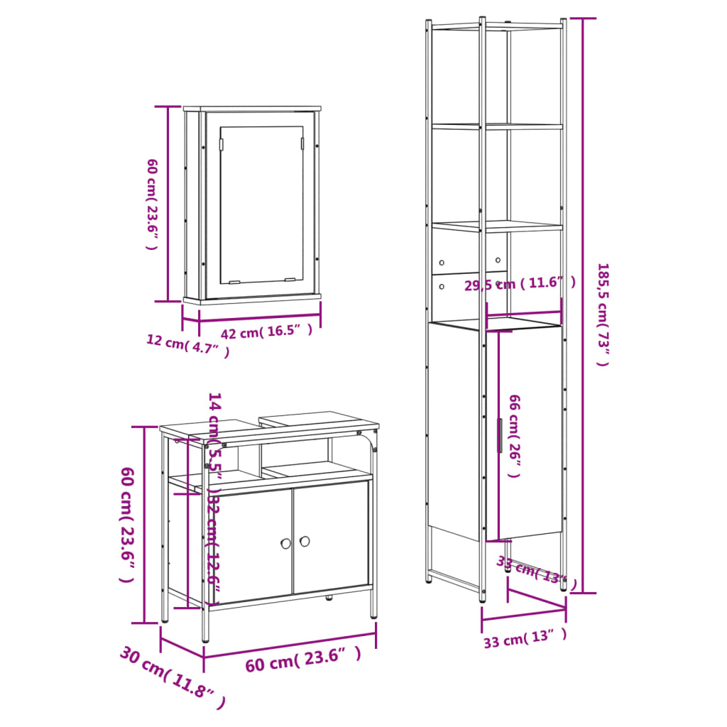 vidaXL Set Mobili da Bagno 3 pz Nero in Legno Multistrato