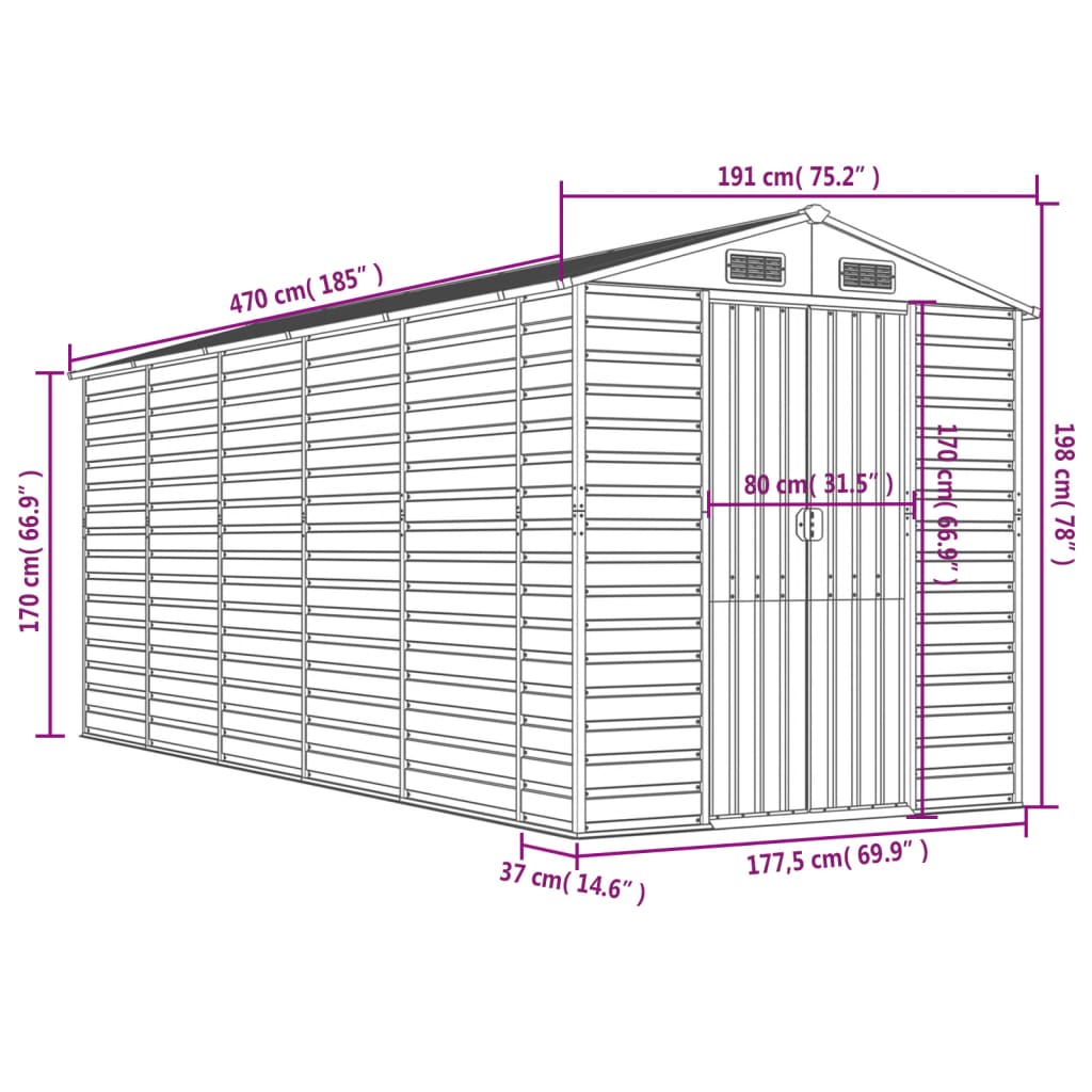 vidaXL Capanno da Giardino Marrone 191x470x198 cm in Acciaio Zincato