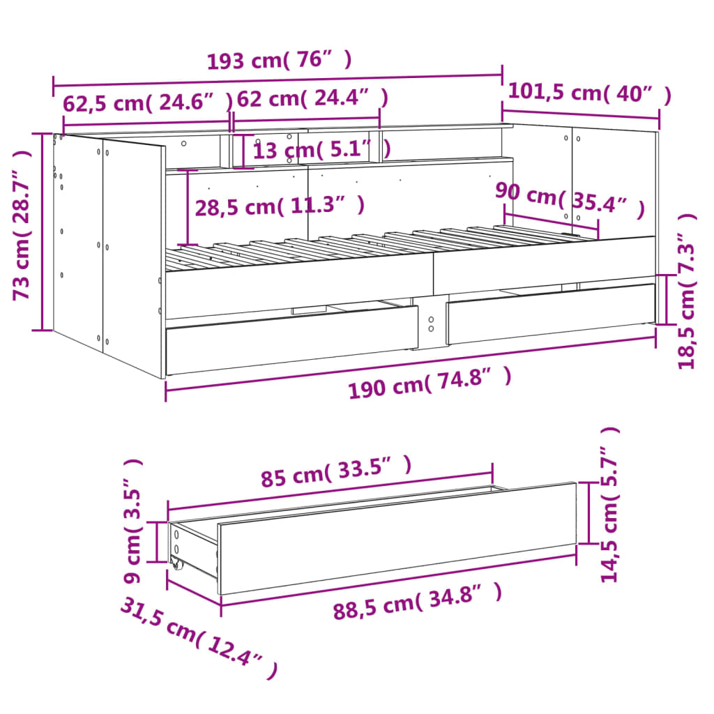 vidaXL Divano Letto con Cassetti senza Materasso 90x190 cm