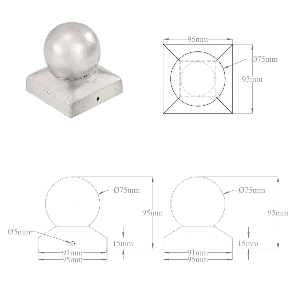 vidaXL Tappi per Pali 6 pz Estremità a Globo Metallo Zincato 91x91 mm