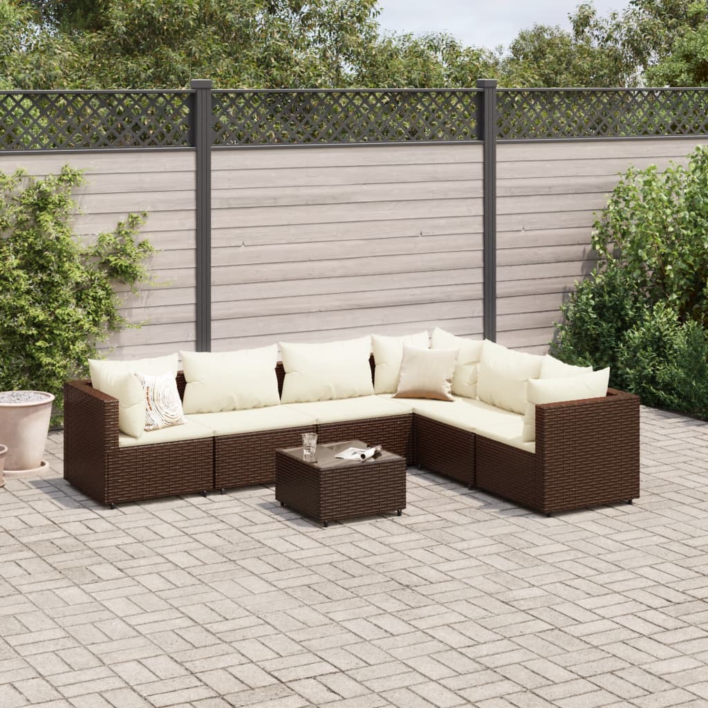 vidaXL Set Divani da Giardino 7 pz con Cuscini in Polyrattan Marrone